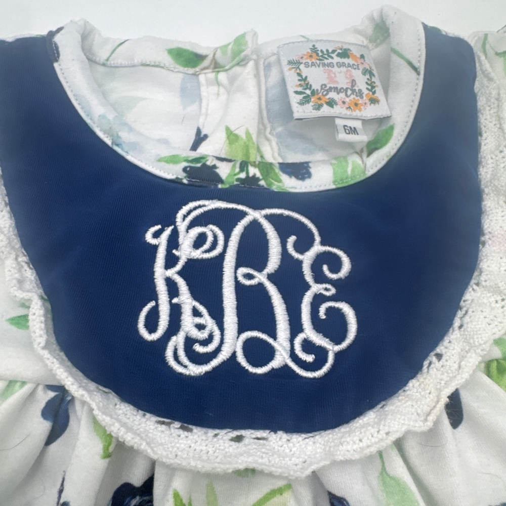 ‘KEB’ Initials MonogrSaving Grace Smocks Matching Set 6 Months White Blue Floral